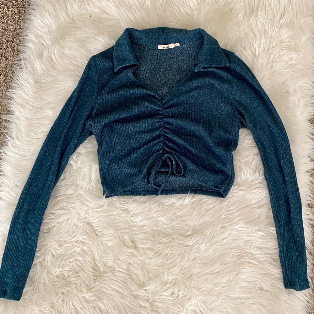 Francesca’s Blue Collared Longsleeve Crop Top